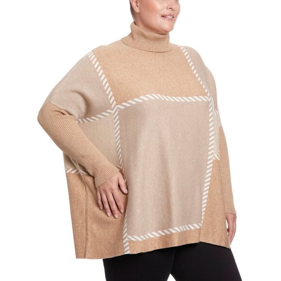 Joesph A Plus Size 2X Stitched Colorblock Turtleneck Poncho Sweater Brown $88 - Picture 3 of 4